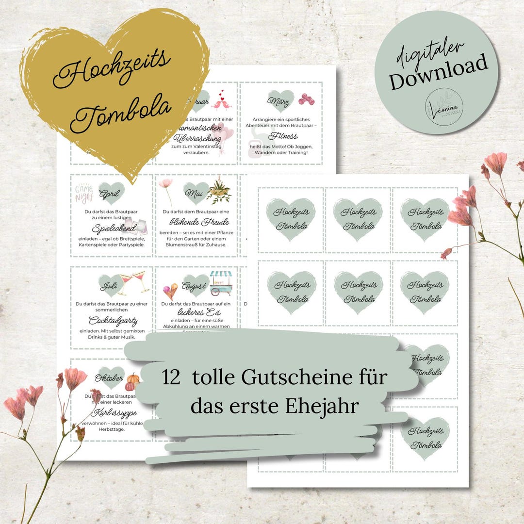 Wedding Raffle Paper Wedding Raffle | 12 Vouchers for the Bride and Groom | Monthly Gift for ...