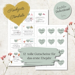 Könnte beinhalten: Zwölf grüne herzförmige Karten mit dem Text "Hochzeits Tombola" auf jeder Karte. Die Karten sind in einem Raster angeordnet. Der Text "12 tolle Gutscheine für das erste Ehejahr" ist in einer größeren Schriftart am unteren Rand des Bildes geschrieben.