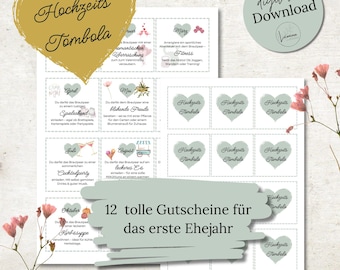 Hochzeits Tombola | 12 Gutscheine für das Brautpaar | Monatliches Geschenk fürs erste Jahr | Spontanes Hochzeitsgeschenk Spiel PDF Download
