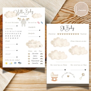 Op de afbeelding: Twee voorspellingskaarten voor een babyshower met aquarel wolken en script tekst ontwerpen. Eén kaart leest "Hello Baby" en bevat invulvakken voor de details van de baby. De andere kaart zegt "Oh Baby" en heeft ruimte voor wensen.
