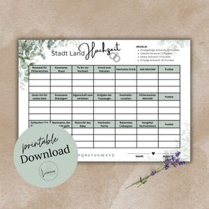 May include: A printable game board with a green and white floral design. The game is called "Stadt Land Hochzeit" and is a German version of the game "Stadt Land Fluss". The game board has a list of categories and spaces for players to write their answers.