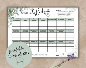 Stadt Land Hochzeit / JGA-Spiel / Party-Spiel / Junggesellenabschied / Bachelorette Party / Hochzeit / Stadt Land Fluss