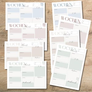 Könnte beinhalten: Sechs druckbare Wochenplaner-Seiten in Pastellblau, Rosa und Grün mit dem deutschen Wort "Woche" und "Planer" oben auf jeder Seite. Jede Seite hat ein Raster für tägliche Aufgaben und einen Bereich für Notizen.