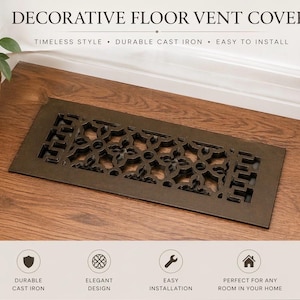 May include: A decorative floor vent cover made of durable cast iron. The vent cover has an elegant design and is easy to install. The text on the image says "Decorative Floor Vent Cover" and "Timeless Style, Durable Cast Iron, Easy to Install."
