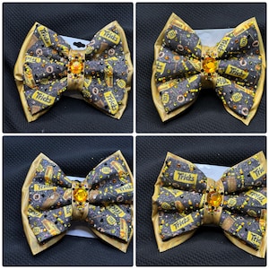 Halloween Trick or Treat Candy Theme on Charcoal Cotton & Gold Holo Pleather with Crystal Rhinestones Large Double Hair Bow