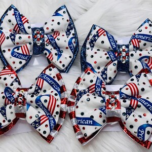 Patriotic Proud American Awareness Ribbon Print Cotton Fabric Crystal USA July 4th Holographic Spandex Large Double Hair Bow