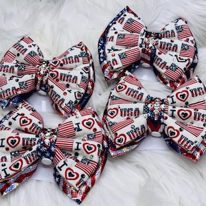 Patriotic LOVE U.S.A. 4th of July Celebration Cotton Fabric Crystal USA July 4th R/W/B Flag Holographic Spandex Large Double Hair Bow