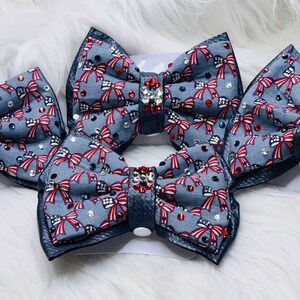 Patriotic Bow Themed USA Flags 4th of July Cotton Fabric Navy Pleather Spandex Crystal USA  Large Double Hair Bow