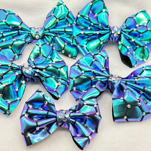 Oil Slick Hexagon Bee Honeycomb pattern Hair Barrette Bow Rhinestone Blingy Ladies Girls Unique Sparkle Bling Bows