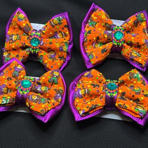 Halloween / Autumn Scarecrow Theme on Orange Cotton & Purple Pleather with Crystal Rhinestones Large Double Hair Bow