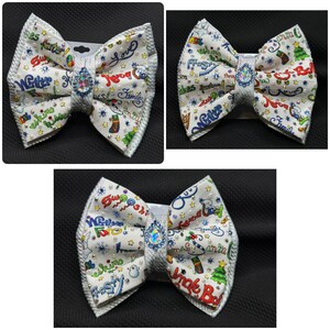 Christmas Sayings Words Theme on White Cotton & Silver Holo Pleather with Crystal Rhinestones Large Double Hair Bow