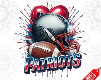 May include: A digital design featuring a football helmet, football, and the word "PATRIOTS" in red, white, and blue. The design includes red and blue paint splatters and the words "PREMIUM DESIGN" and "PNG SUBLIMATION FILE" at the top and bottom.