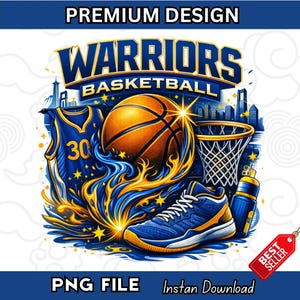 May include: A digital illustration featuring a basketball, jersey, shoe, and hoop. The design is in blue and gold, with the words "Warriors Basketball" at the top. The jersey has the number 30 on it. The words "PNG File" and "Instan Download" are at the bottom.