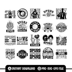 May include: A collection of black and white basketball-themed graphics featuring the word "Spurs" with basketballs, players, and related text. Includes "Champions", "Basketball", and "Instant Download" text.