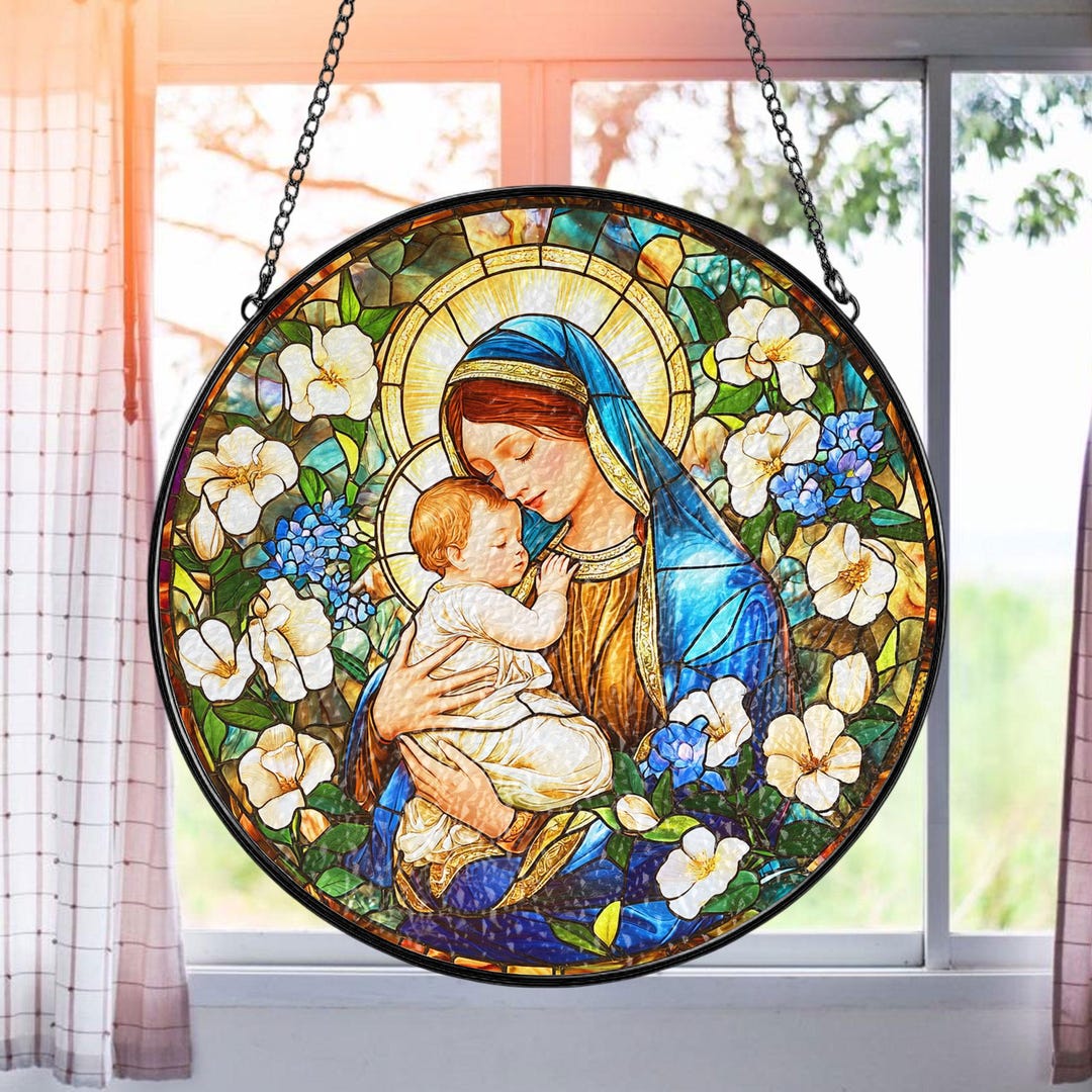 Virgin Mary and Baby Jesus Faux Stained Glass Suncatcher, Christian ...