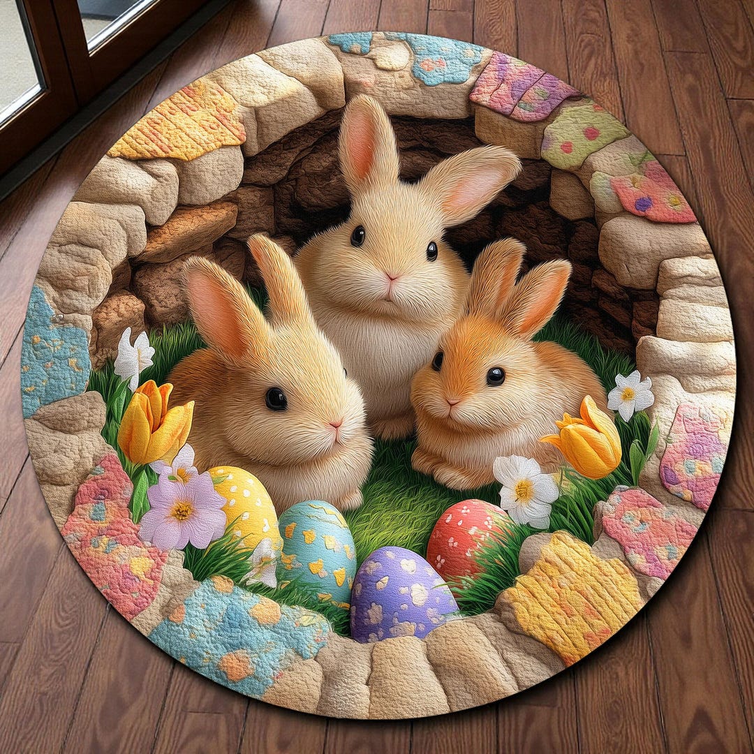 Easter Rabbit Round Easter Bunny Round Rug, Cute Rabbit 3D Effect Floor Mat, Spring Kids ...