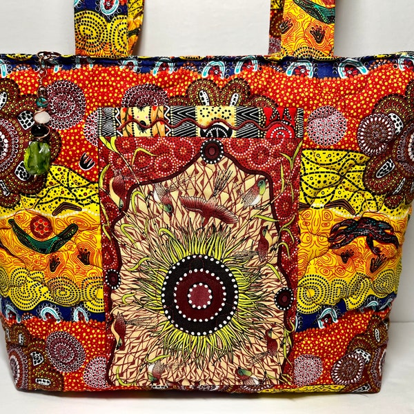 Handmade quilted purse, aboriginal print purse, Australian Aboriginal purse, many pockets purse, orange purse, red purse