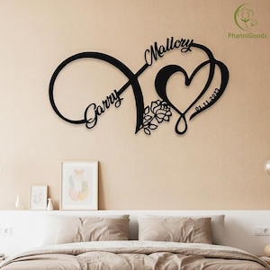 May include: Black metal wall art depicting an infinity symbol and a heart, with the names "Garry" and "Mallory" inscribed. The date "01.11.2023" is also present, along with a floral motif.