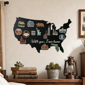 Mappa magnetica da parete degli Stati Uniti, con la scritta "Con te sono a casa", ideale come decorazione per frigorifero, regalo di viaggio per coppie o come decorazione murale.
