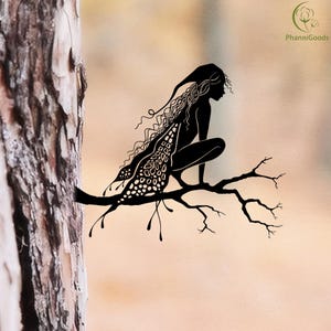 Fairy Silhouette Metal Decor,Lovely Garden Fairy Decor,Fairy Art Decor,Fairy Crouched On A Tree Trunk,Tree Metal Sign,Tree Garden Decor