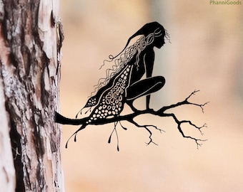 Fairy Silhouette Metal Decor,Lovely Garden Fairy Decor,Fairy Art Decor,Fairy Crouched On A Tree Trunk,Tree Metal Sign,Tree Garden Decor