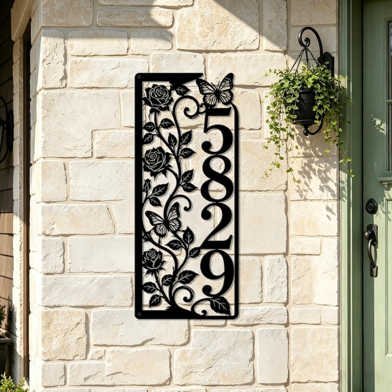 Rose & Butterfly House Number Plaque, Vertical Metal Address Sign for