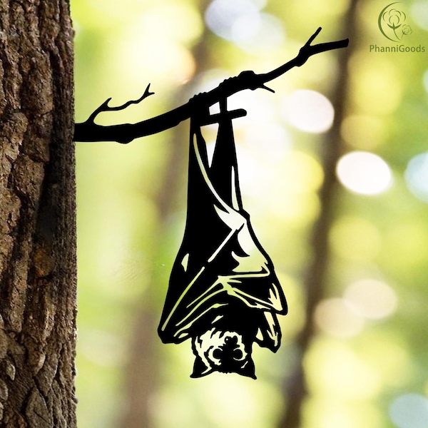 Cartello in metallo con pipistrello addormentato a testa in giù, ornamento a silhouette di pipistrello da appendere per recinzione da giardino, decorazione in metallo a forma di pipistrello per recinzione da giardino, decorazione estetica scura