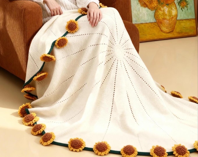 Handmade Crochet Bouquet Blanket – Round Throw with 3D Flower Edge