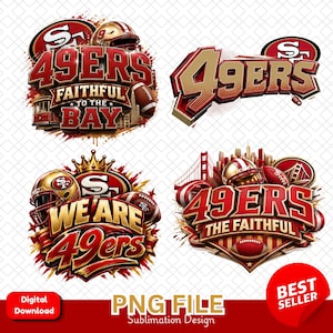 May include: A collection of four digital graphic designs featuring the San Francisco 49ers football team branding. The designs include red and gold text, football helmets, footballs, the Golden Gate Bridge, and city skylines with the text 49ERS.
