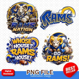 Pode incluir: Uma coleção de quatro designs gráficos digitais apresentando um mascote de carneiro com equipamento de futebol americano azul e amarelo, incluindo textos como RAMS NATION, RAMS, WHOSE HOUSE? RAMS HOUSE! e GO RAMS!, com bolas e capacetes.