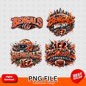 Pode incluir: Uma coleção de quatro designs gráficos digitais com a marca da equipa de futebol americano Cincinnati Bengals. Os designs incluem texto estilizado com BENGALS, WHO DEY e FOOTBALL, combinados com ilustrações de um capacete e uma bola de futebol.