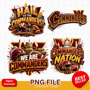 Może przedstawiać: Kolekcja czterech projektów graficznych dla drużyny futbolu amerykańskiego Washington Commanders. Grafiki przedstawiają bordowo-złote kaski, piłki do futbolu, budynek Kapitolu oraz napisy Hail to the Commanders, Commanders, We Are Commanders i Commanders Nation.