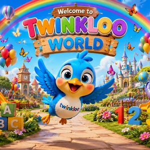 Può includere: Illustrazione vivace di una scena di parco giochi. Un allegro uccello blu con le ali spiegate dà il benvenuto ai visitatori di "Twinkloo World". La scena comprende un arcobaleno, palloncini, un castello e fiori colorati, creando un'atmosfera giocosa e invitante.