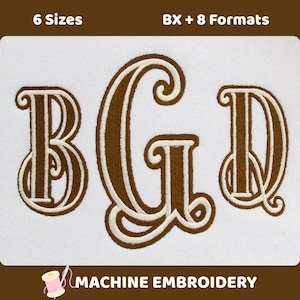 Peut inclure: Un motif de broderie machine présentant les lettres BGD dans une police décorative marron et crème. Le texte 6 Sizes et BX + 8 Formats apparaît en haut, tandis que le texte MACHINE EMBROIDERY avec une petite bobine est en bas.