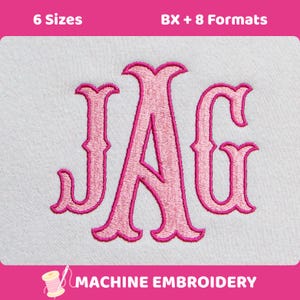 May include: A machine embroidery design featuring the letters JAG in a pink serif font on a white fabric background. The top text reads 6 Sizes BX + 8 Formats, and the bottom text reads MACHINE EMBROIDERY with a small spool of pink thread icon.