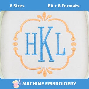 May include: An embroidery design featuring the blue letters HKL centered within an orange decorative frame. The text 6 Sizes and BX + 8 Formats appears at the top, while the text MACHINE EMBROIDERY is at the bottom with a spool icon.