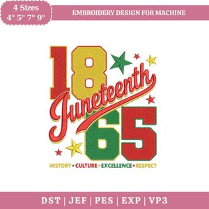 May include: An embroidery design featuring the word "Juneteenth" in a script font, with the numbers "18" and "65" in red, yellow, and green. The design includes stars and the words "History, Culture, Excellence, Respect."