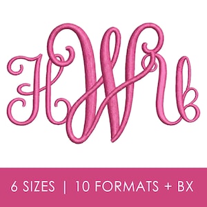 May include: A pink embroidered monogram featuring the letters H, W, and b in a cursive script font. Below the monogram, a pink rectangular banner contains the white text: 6 SIZES | 10 FORMATS + BX. The design is presented on a plain white background.