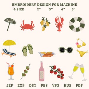Può includere: Una collezione di disegni per ricamo a macchina a tema estivo. I disegni includono un granchio, limoni, un'aragosta, un salvagente, un ombrellone, infradito, occhiali da sole, un bikini, un cocktail, olive, una bottiglia di vino, pomodori e calici di champagne. Misure da 5 cm a 12.7 cm.