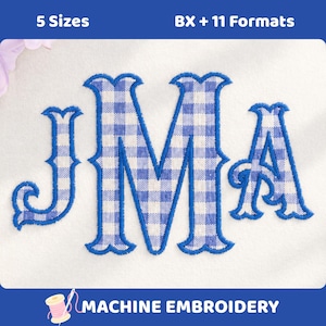 May include: Machine embroidery design featuring the letters JMA in a blue and white gingham pattern with a thick blue satin stitch border. The text 5 Sizes and BX + 11 Formats appears at the top, with Machine Embroidery at the bottom.