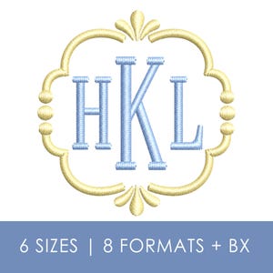 May include: An embroidery design featuring the letters HKL in light blue, centered within a pale yellow decorative frame with rounded edges and small circular accents. Below the design, the text reads 6 SIZES | 8 FORMATS + BX.