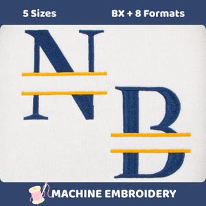 May include: Machine embroidery design featuring the letters N and B in dark blue with horizontal yellow lines and a white space for personalisation. The text 5 Sizes and BX + 8 Formats appears at the top, with MACHINE EMBROIDERY at the bottom.