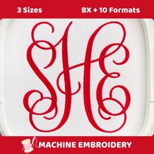 May include: A red machine embroidery design featuring the intertwined letters S and H in a cursive script font. The design is centered on a white fabric background within an embroidery hoop. Text at the top reads 3 Sizes BX + 10 Formats.