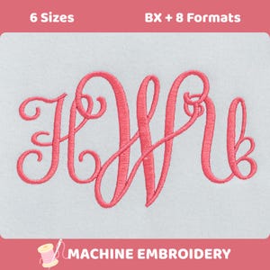 May include: A machine embroidery design featuring the letters HW in a pink cursive script font. The text 6 Sizes and BX + 8 Formats appears at the top, while the text MACHINE EMBROIDERY with a small spool icon is at the bottom of the image.