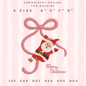 Coquette Merry Christmas with Santa Embroidery, Cute Santa Embroidery Files, Merry Christmas Embroidery Files 4 Sizes, Christmas Coquette