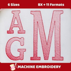 May include: A digital machine embroidery design featuring the red stitched letters A, G, and M in a serif font. The text 6 Sizes and BX + 11 Formats appears at the top, with the text MACHINE EMBROIDERY and a thread spool icon at the bottom.
