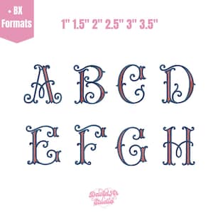 May include: A collection of embroidered letters A through H in a decorative serif font. The letters are navy blue with red accents and are displayed on a white background. Sizes range from 1 inch to 3.5 inches.