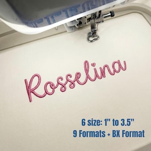 Può includere: Ricamo a macchina del nome "Rosselina" in filo rosa su tessuto bianco. Il testo in corsivo ha un piccolo cuore sopra la "i". Sotto, il testo recita "6 misure: da 2,5 cm a 8,9 cm" e "9 Formati + BX Format".