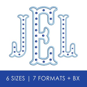 Op de afbeelding: Een borduurontwerp met de monogramletters JEL in een lichtblauwe omlijning met donkerblauwe stippen in elke letter. De tekst onderaan luidt 6 SIZES | 7 FORMATS + BX, wat de beschikbare opties voor dit digitale bestand aangeeft.