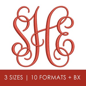 May include: A red machine embroidery design featuring the intertwined script letters S, H, and E with decorative flourishes. Below the monogram, white text reads 3 SIZES | 10 FORMATS + BX on a solid red background, indicating digital file options.